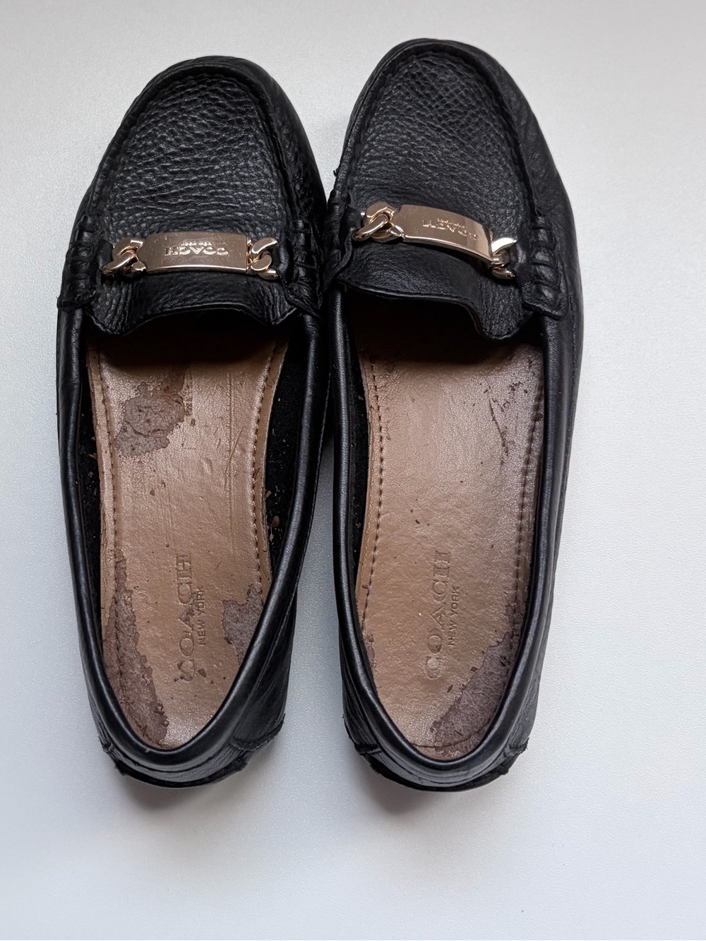 Coach Black Leather Loafers with Gold-Tone Accent